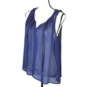 Merona Sheer Linen Front T-Shirt Back Split V Neck Sleeveless Blouse Navy Medium